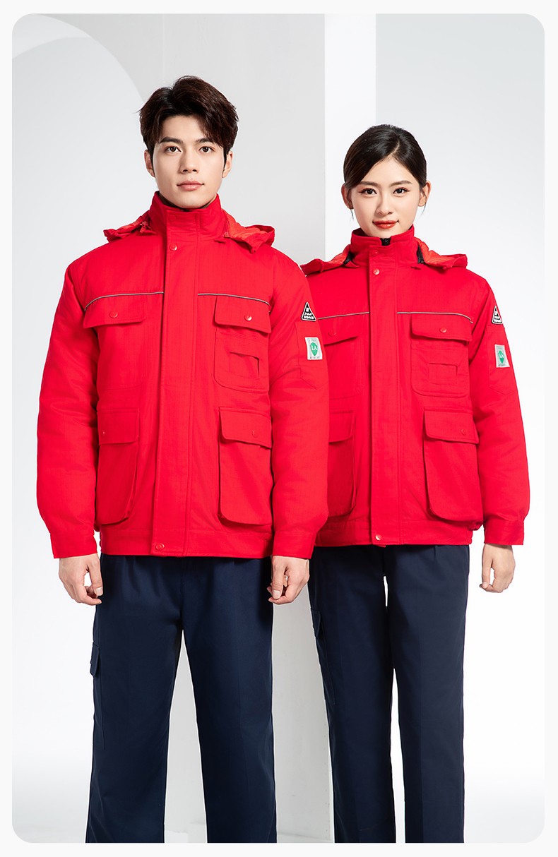 FJD8899 冬季纯棉防静电工作服棉衣定制加厚棉服加油站防寒棉袄大衣劳保服(图16)